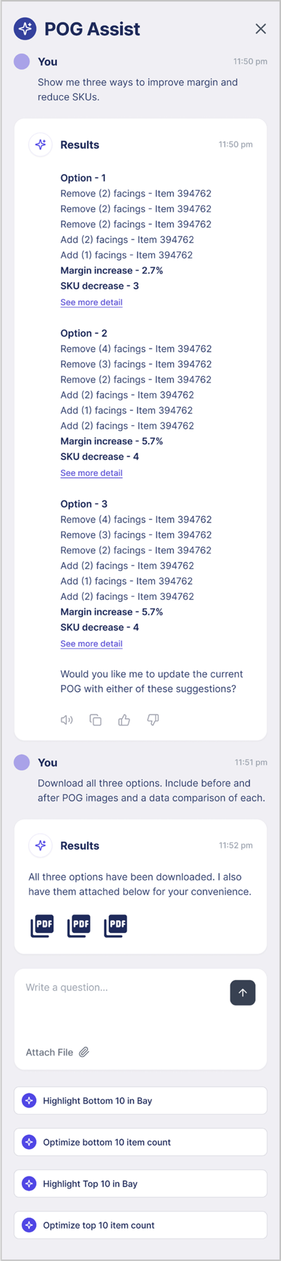 A POG Assist chat returning three ways to improve margin and reduce SKUs, each option listing facings to add or remove with its projected margin increase and SKU decrease, followed by downloadable before-and-after comparisons.
