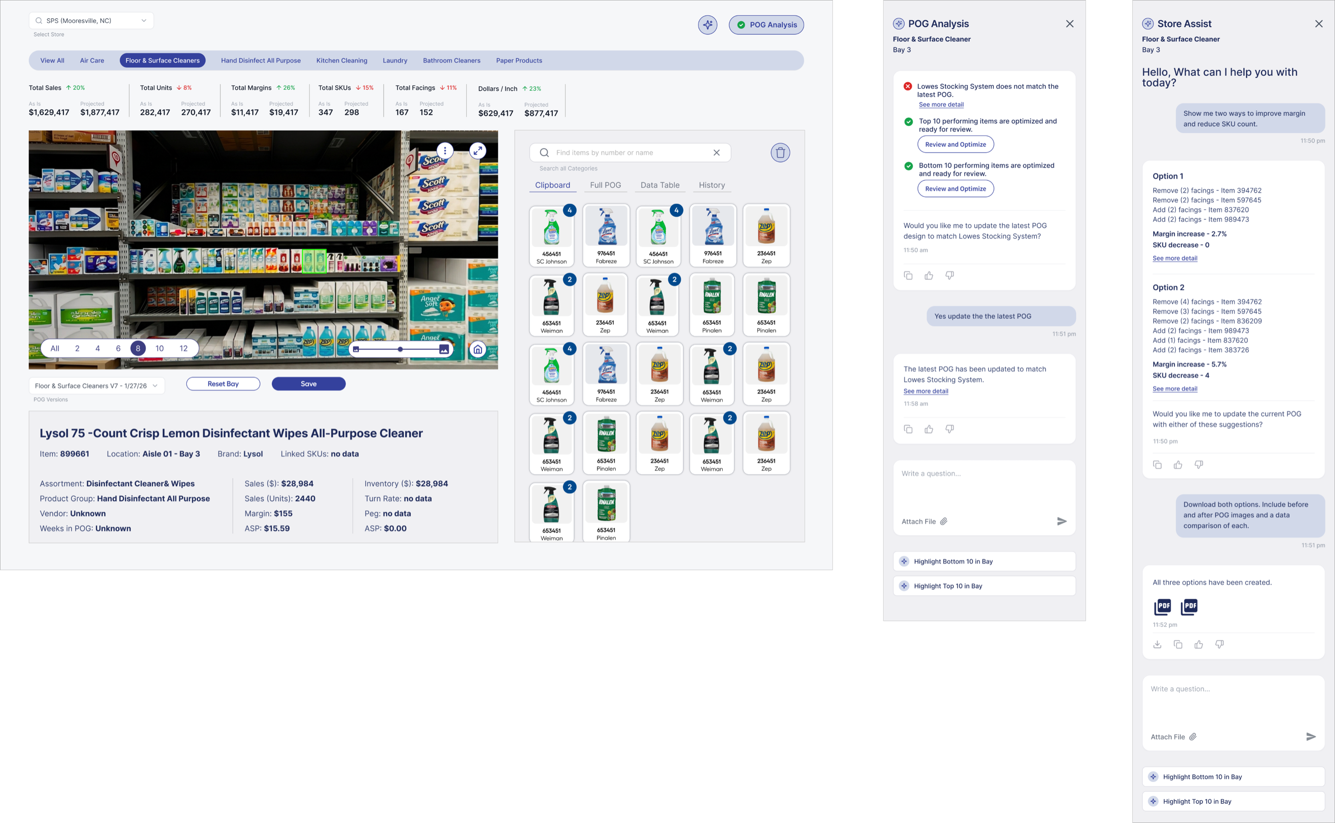 Three screens of the merchandising and planning tool side by side: a line-review dashboard with sales, units, margin, SKU and facing metrics over a photographed bay and a searchable product clipboard; a POG Analysis panel checking the bay against the latest planogram; and a Store Assist chat returning margin and SKU options with downloadable before-and-after comparisons.