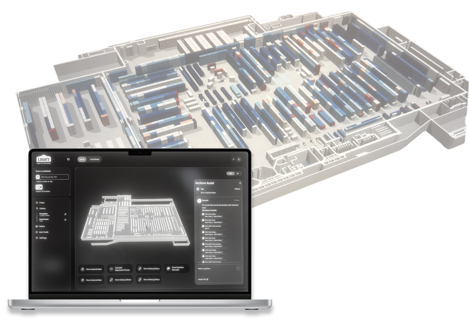 An isometric 3D render of a Lowe's store rendered as a digital twin, with a laptop in front of it showing the store planning app.