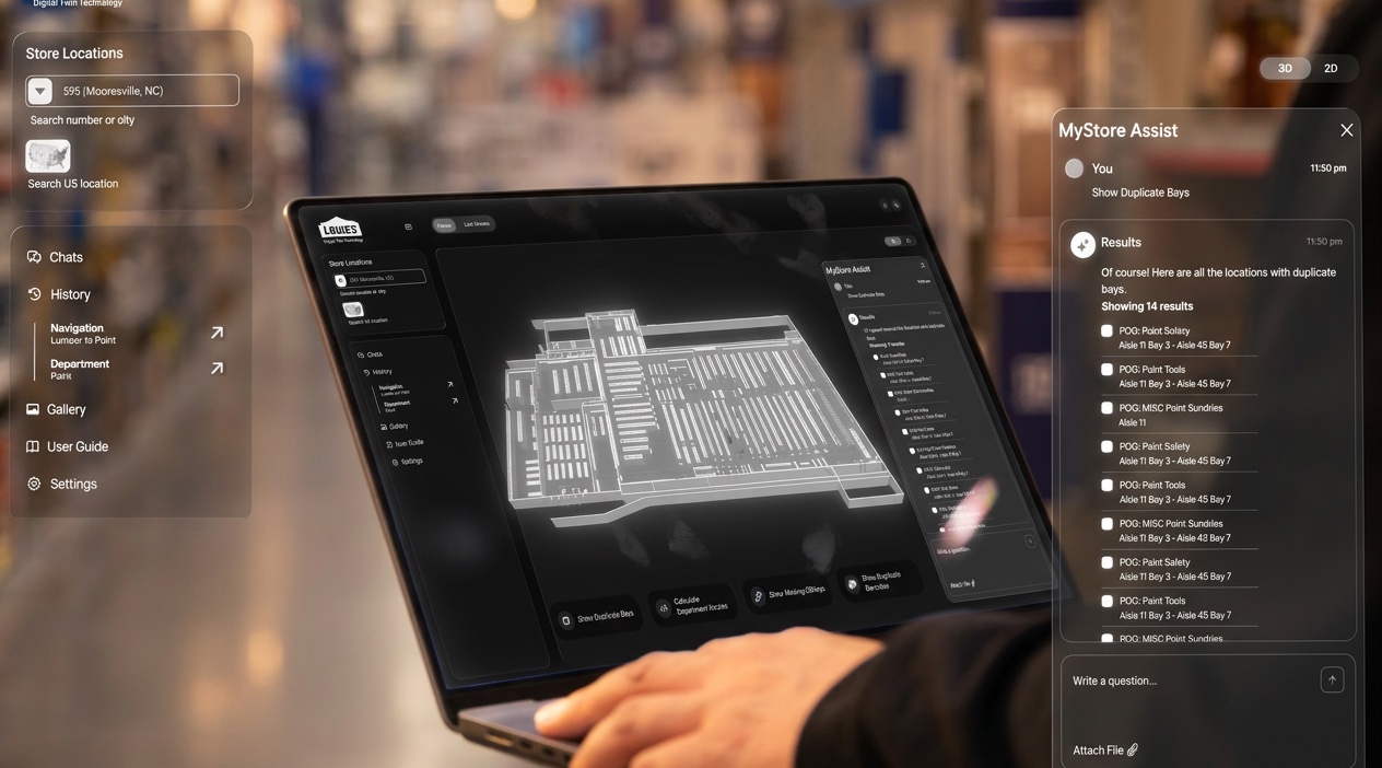 A laptop held in a store aisle showing the digital twin app: a 3D wireframe floor plan of the store, a store-location picker on the left, and a MyStore Assist chat panel on the right listing duplicate bays.