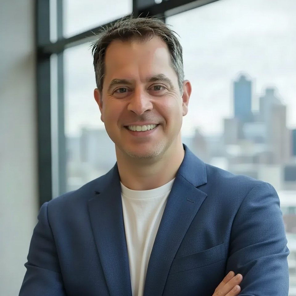Mike Kemery, smiling, in a blazer over a white t-shirt.