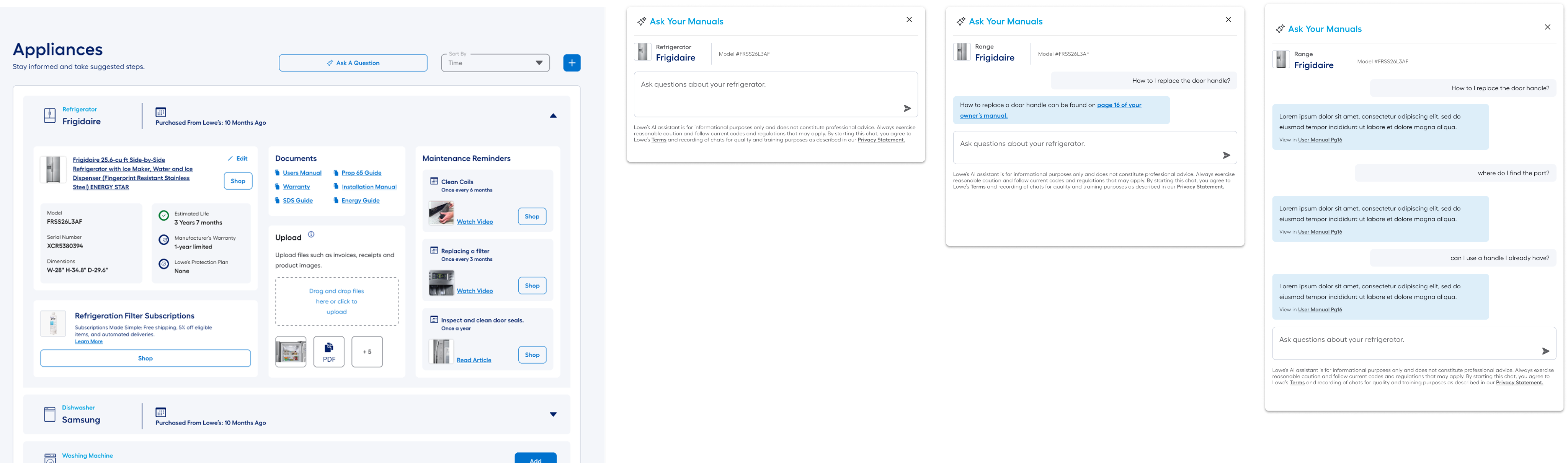 The Ask Your Manuals modal on desktop, shown at three stages: an empty question box for the selected refrigerator, a first answer citing page 16 of the owner's manual, and a longer thread of answers each linking back to the manual page it came from.