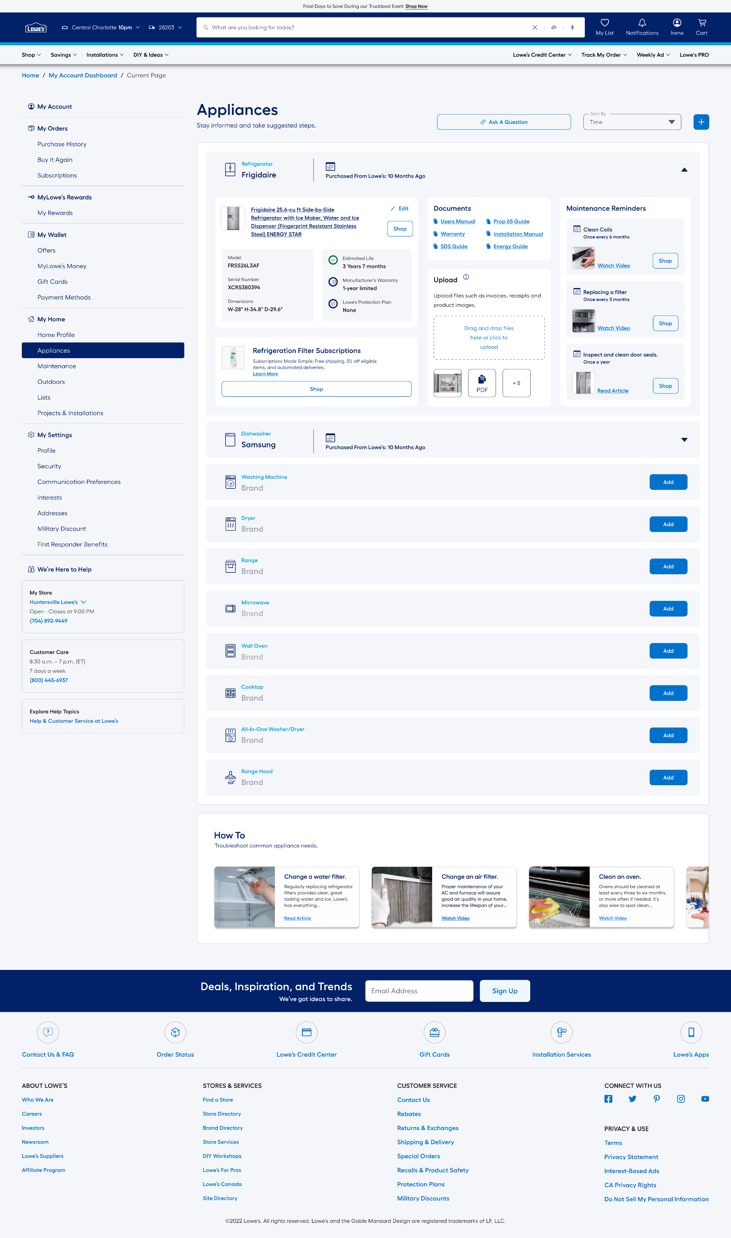 The MyHome Appliances dashboard on desktop: a left-hand account menu beside a list of the homeowner's appliances, each expandable to its documents, maintenance reminders and specifications.