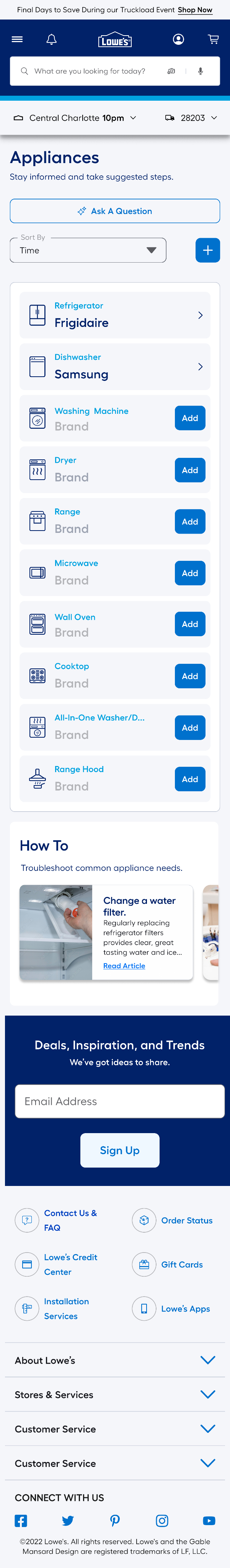 The same appliance list on a phone, with each appliance card collapsed to its brand, purchase date and an add button.