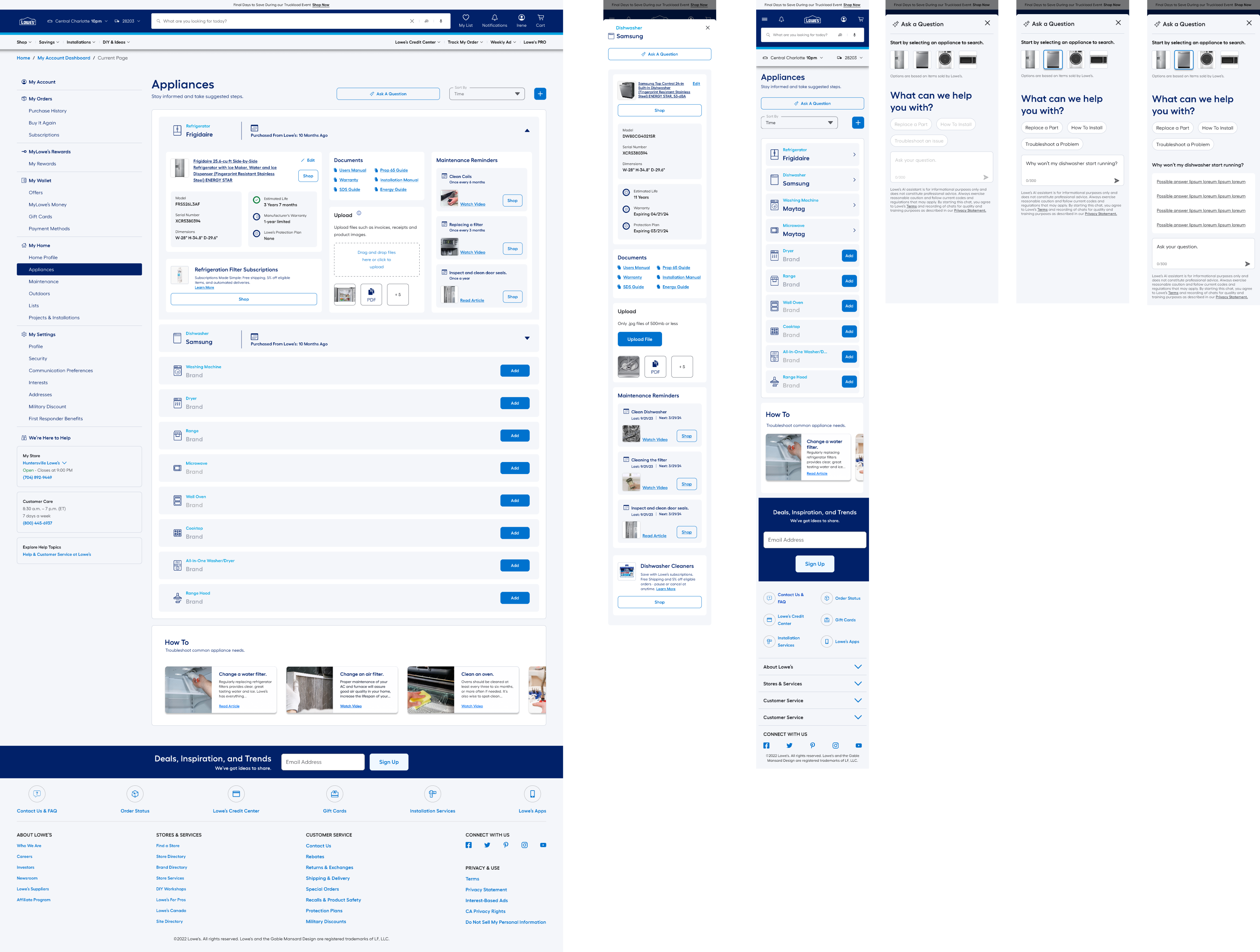 The full Appliances page: a refrigerator expanded to show its model and serial number, estimated life, warranty, linked manuals and guides, a file upload area, and scheduled maintenance reminders, with the homeowner's other appliances listed below it.