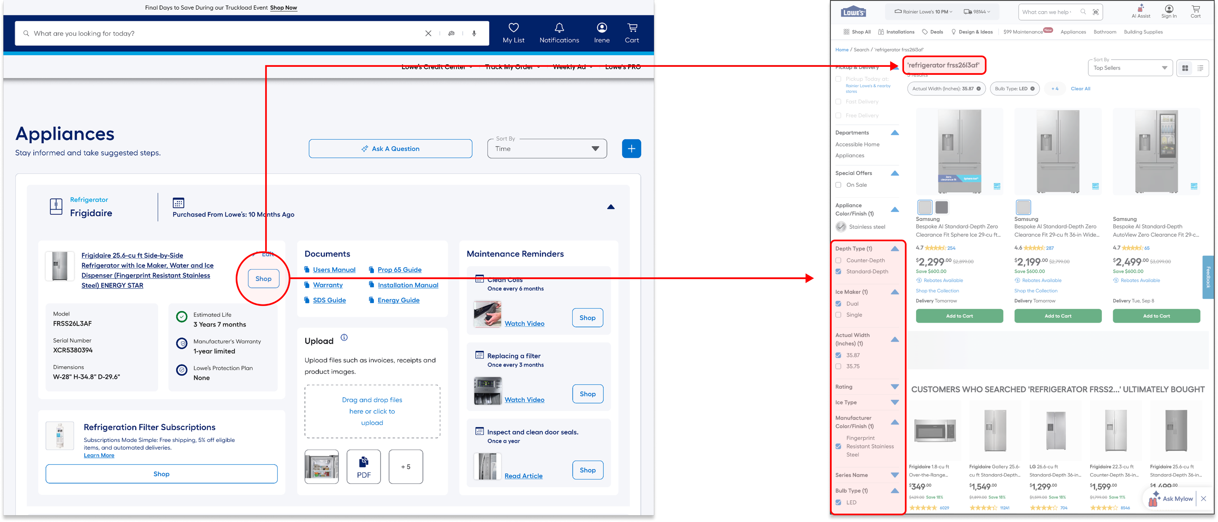 Shopping from an appliance the homeowner already owns: pressing Shop on the refrigerator carries its model number into Lowe's search, where the results arrive with depth type, ice maker, width, finish and bulb type already filtered to match.