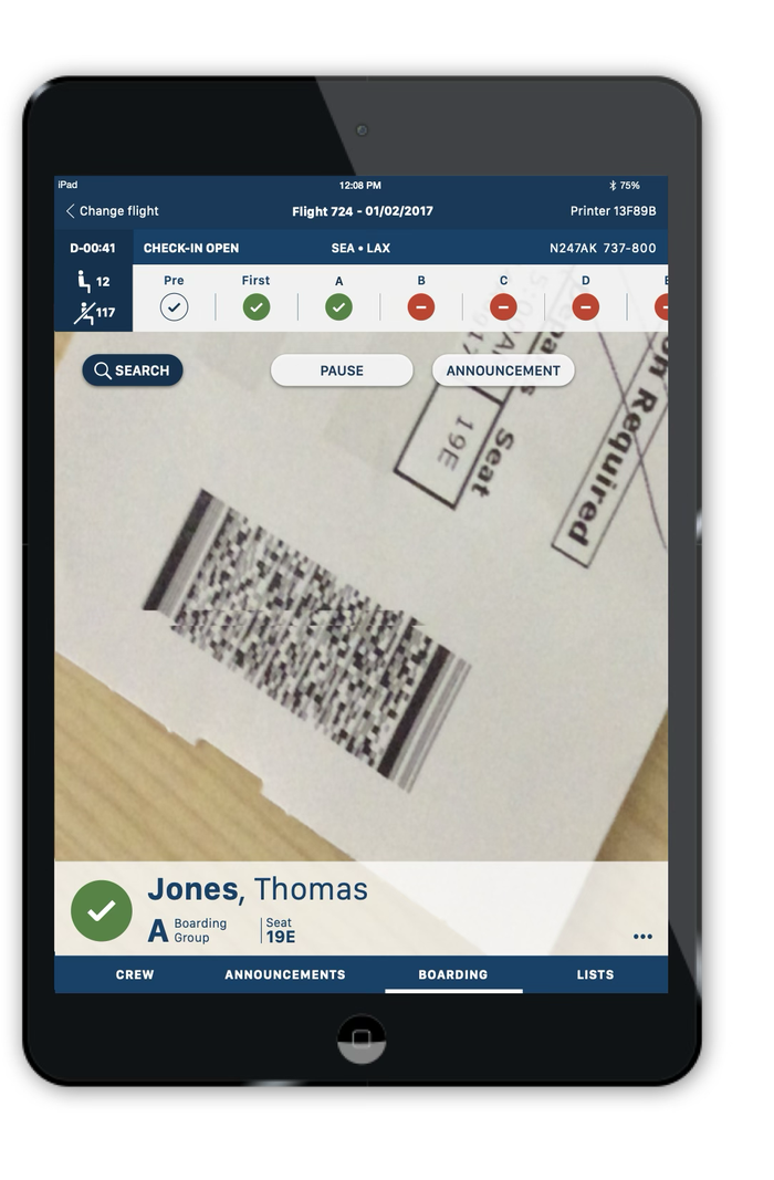 The boarding app's primary control screen on an iPad mini, showing a scanned boarding pass and the passenger's seat.