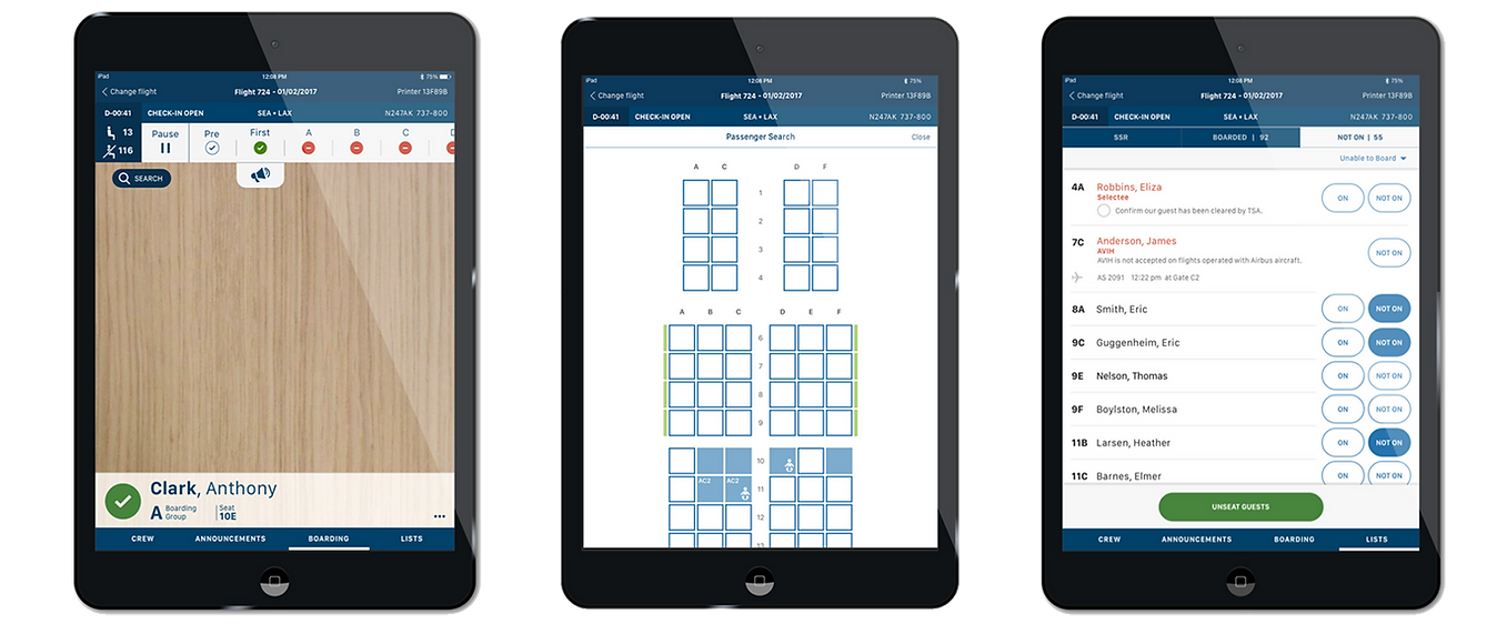 The passenger manifest, listing seats and boarding status with per-passenger controls.