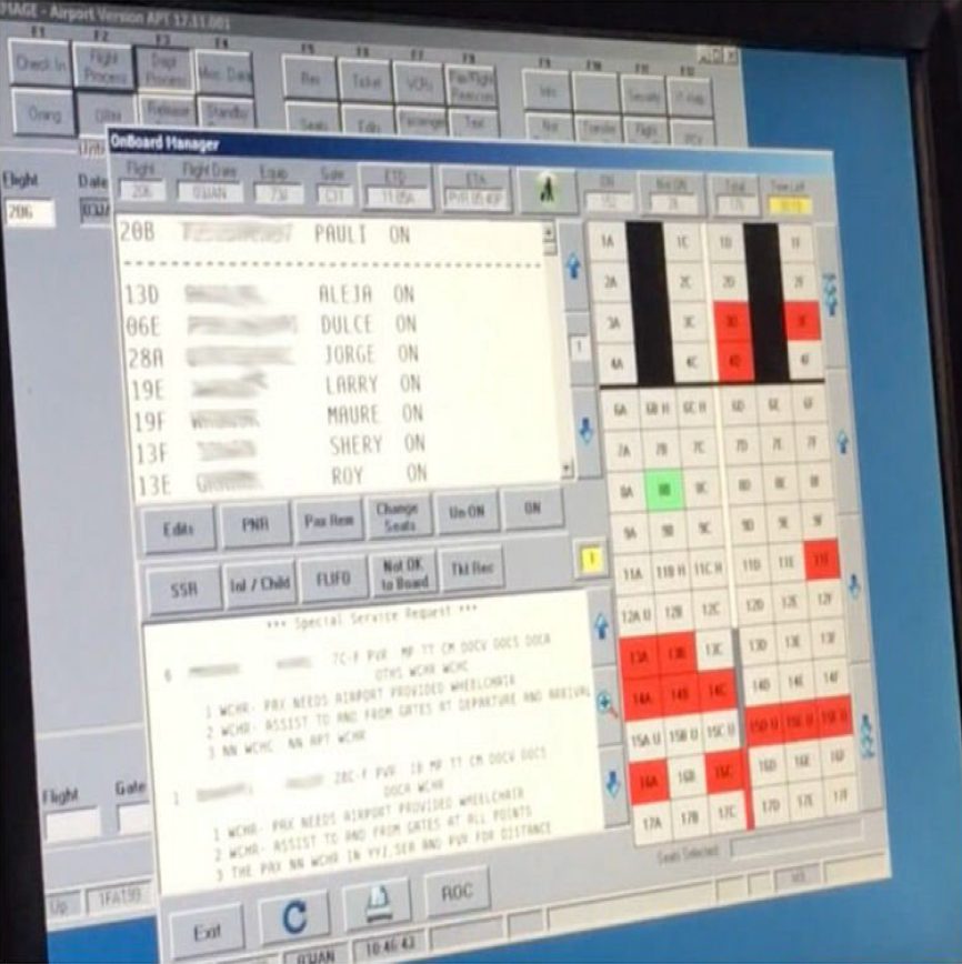 The airline's legacy operations software on a CRT monitor: a dense text passenger list beside a colour-coded seat map.
