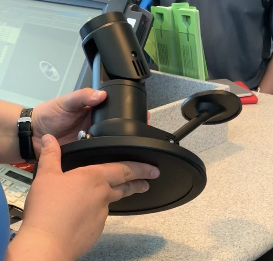 Close-up of the moulded scanning target on the head of the iPad stand.