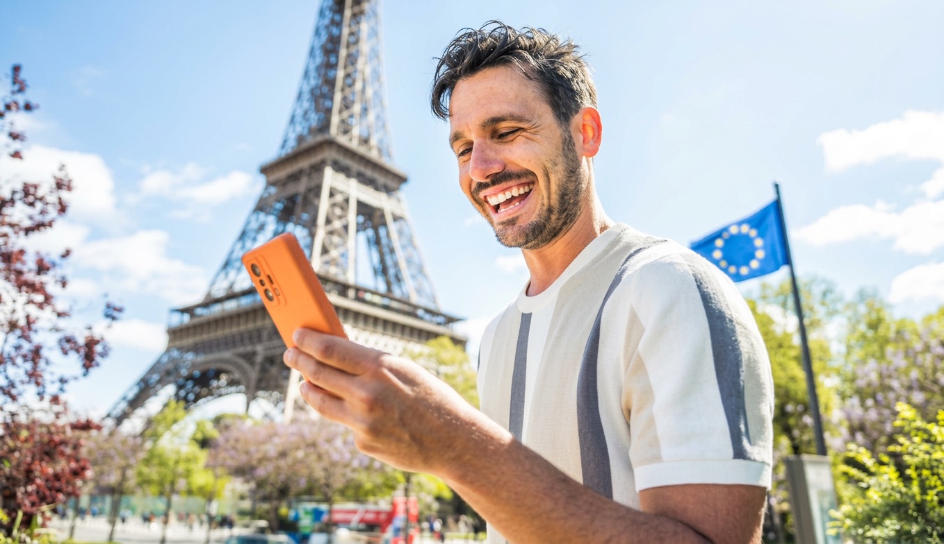 A man laughs at his phone in front of the Eiffel Tower on a bright spring day, an EU flag flying behind him.