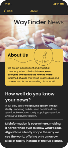 The About Us screen, setting out what WayFinder News is for and who built it.