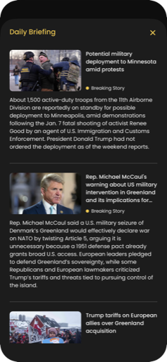 The Daily Briefing screen, carrying the day's top news events in a single scrollable card.