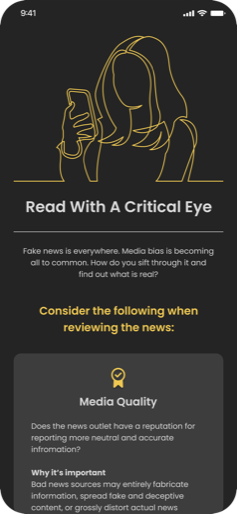 The 'Read with a critical eye' screen, explaining how to weigh a source before accepting a headline.