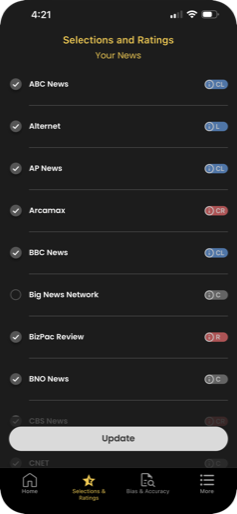 The media selection screen, where a reader chooses which outlets appear in their feed.