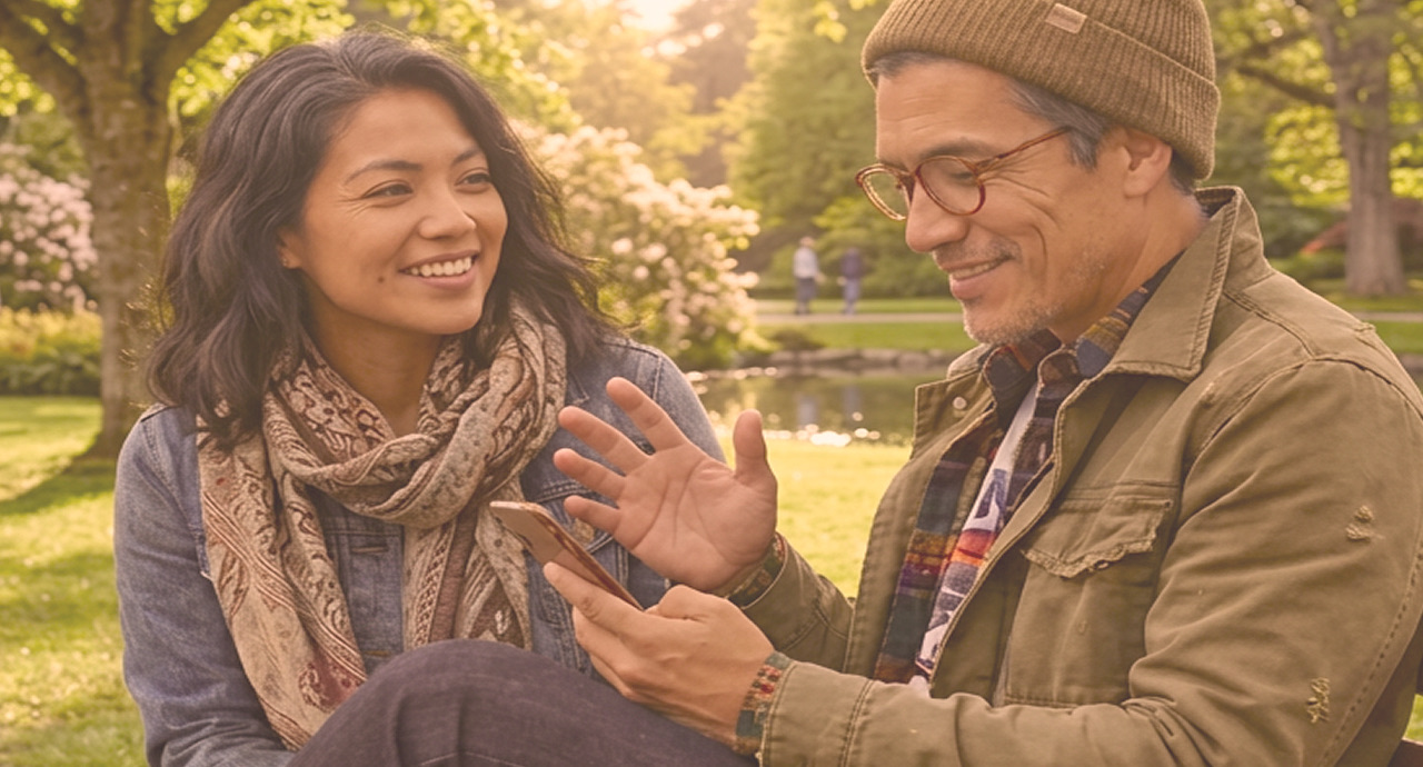 A woman and a man sit close together outdoors on an autumn afternoon, both laughing, while he holds up a phone between them.