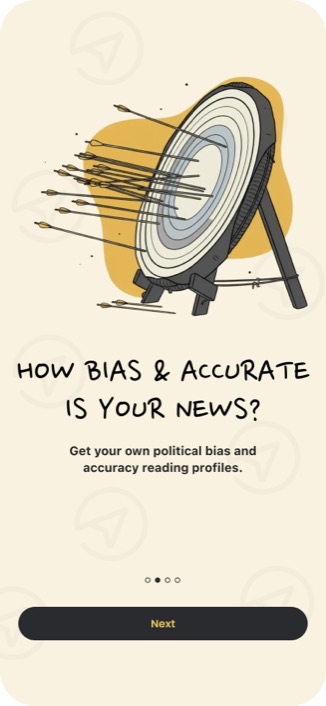 Onboarding screen: an illustrated compass needle swinging between two poles, under the question 'How much bias is in your news?'
