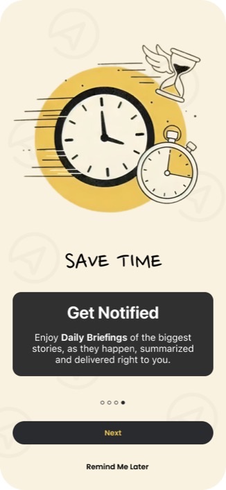 Onboarding screen: an illustrated stopwatch, under the line 'Save time.'