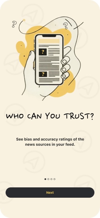 Onboarding screen: an illustrated hand holding a magnifying glass over a document, under the question 'Who can you trust?'