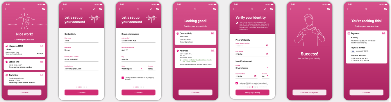 Account setup and verification flow: confirm plan, contact info, residential address, review, identity verification and payment screens.