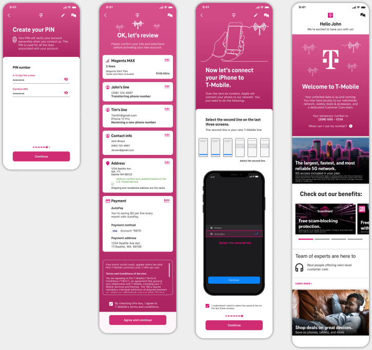 Activation and welcome flow: create a PIN, review and activate, connect your iPhone to T-Mobile, and the Welcome to T-Mobile confirmation screen.