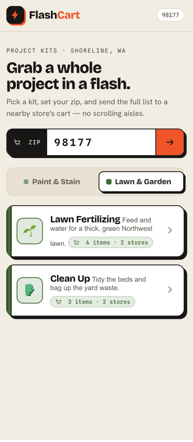 The FlashCart kit picker: “Grab a whole project in a flash.” with a ZIP field set to 98177, a Lawn & Garden tab, and two kits — Lawn Fertilizing and Clean Up — each listing its item and store count.