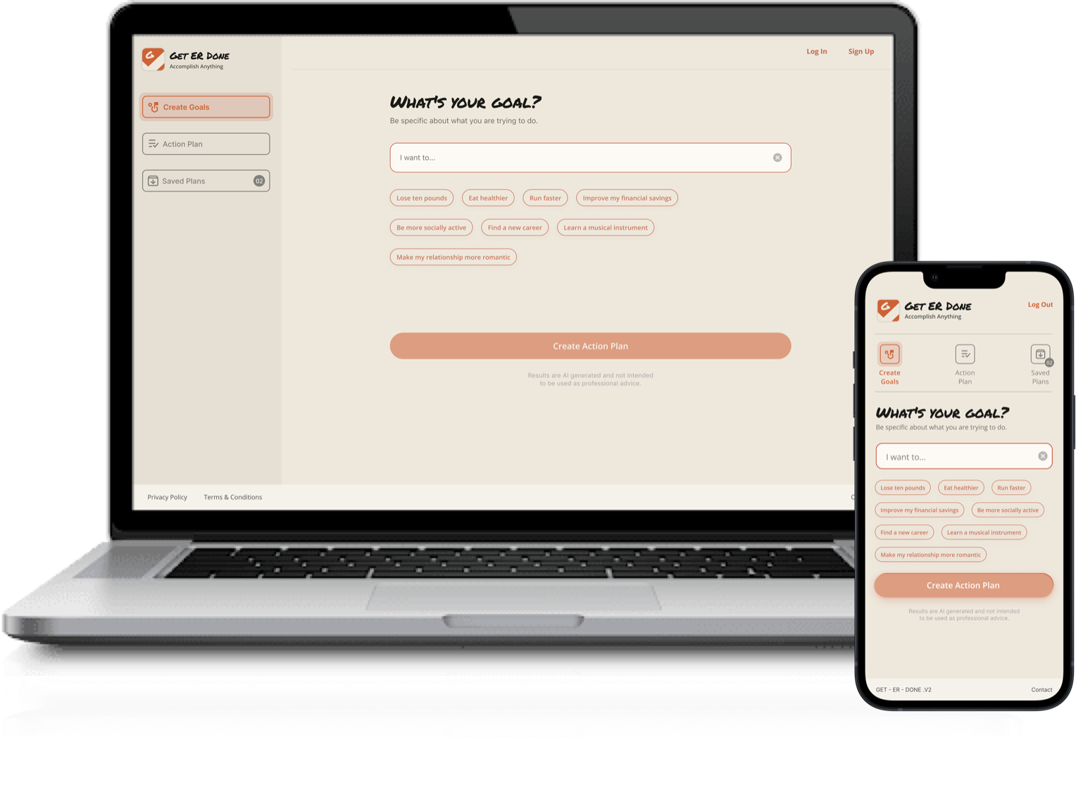 Get ER Done running on a laptop and a phone side by side, showing the plan-builder prompt “What’s your goal?”.