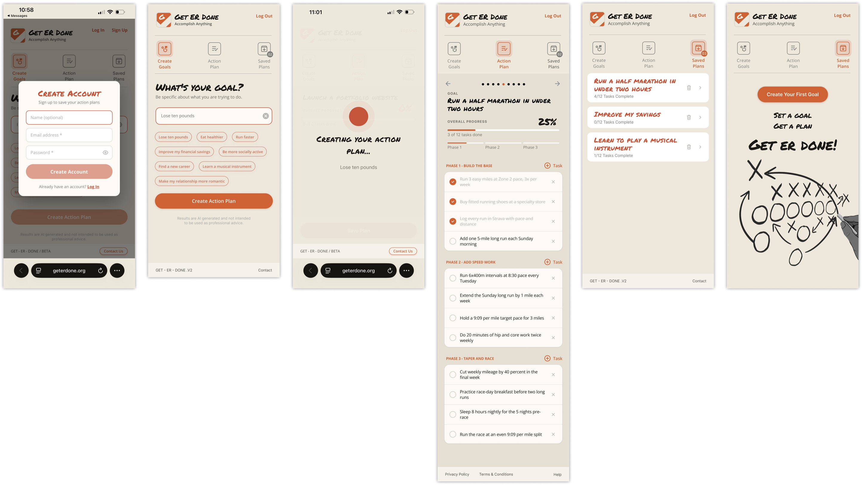 A wall of Get ER Done screens: the goal prompt, a generated action plan, saved plans, the empty state, and a hand-drawn “Get Er Done!” celebration.