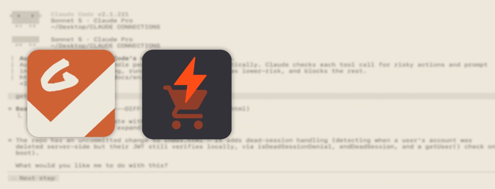 The Get ER Done and FlashCart app icons over a faded Claude Code terminal session.